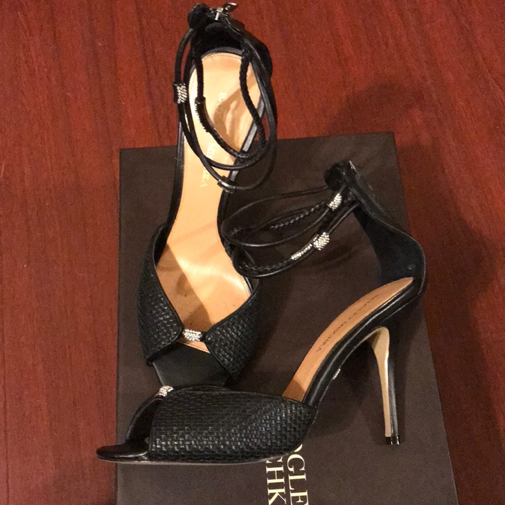 Black Leather heel w ankle wrap embellishment